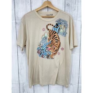 Quicklsilver LARGE Womens Cream Tee Shirt T-Shirt Tiger Doll Print Short Sleeve